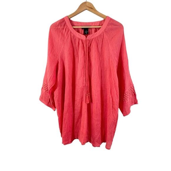 NWT Lane Bryant Coral Pink Blouse Gauzy Cotton Tie Neck 3/4 Sleeve, Size 18/20 - Picture 1 of 9
